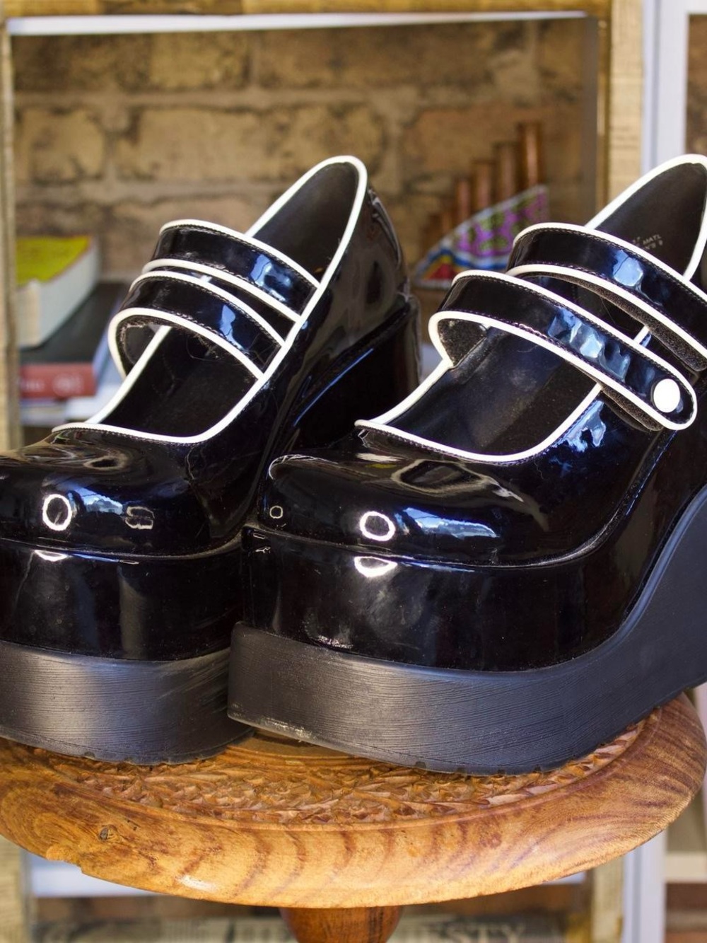 Black Patent Mary Jane Platform Shoes with White Trim